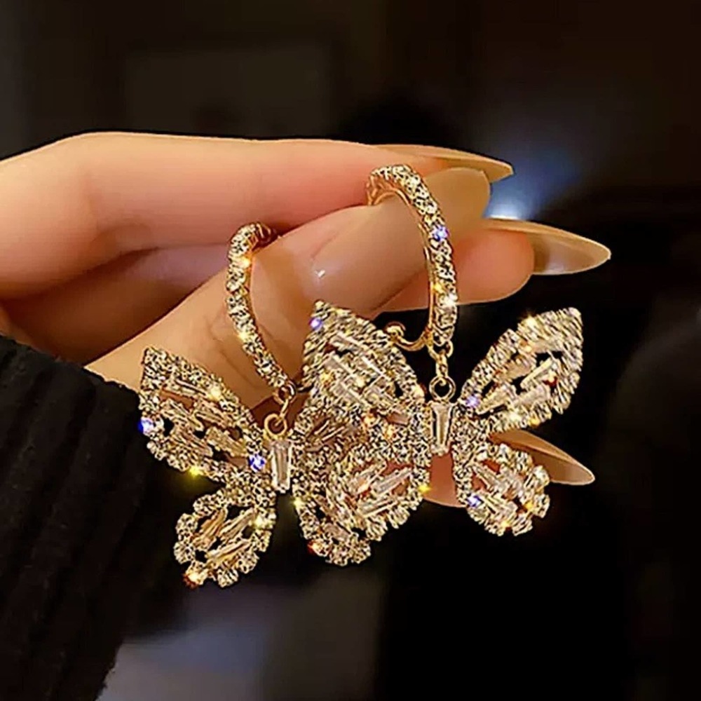 Gold 18K GP Diamond Butterfly Dangle Earrings